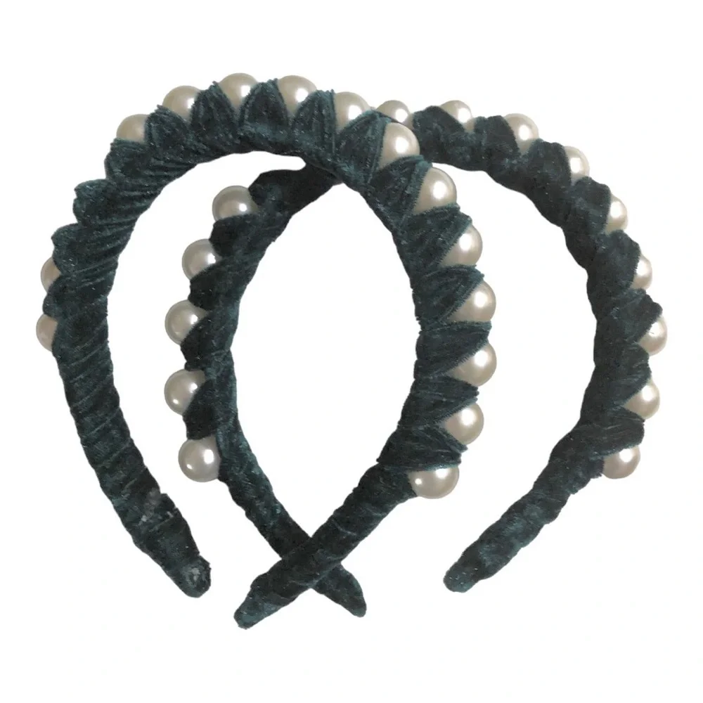 2 pack Green velvet oversized pearl‎ adorned embellished headband new